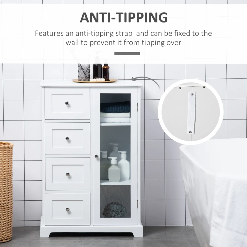 HOMCOM Floor Cabinet with Glass Door & 4 Drawers, Sideboard, Bathroom Storage Cabinet with Adjustable Shelf, for Living Room, Entryway, White