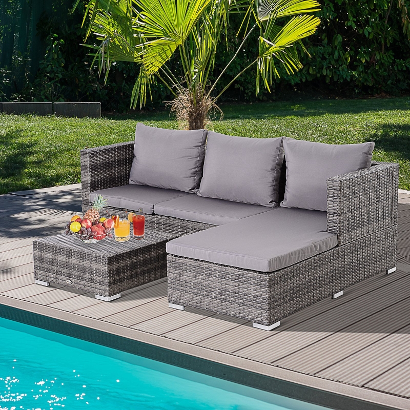 Outsunny 3 Piece Adjustable Seat Rattan Wicker Sofa Steel Frame Furniture Set Sleeping Couch Bed Lounge Grey