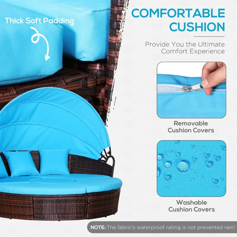 Outsunny 4 Pieces Outdoor Daybed, Patio Lounge Chair with Cushioned Round Sofa Bed, Sectional Patio Conversation Furniture Set with Canopy  & Coffee Table, Brown