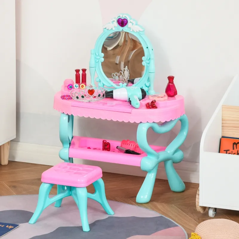 Qaba 2 In 1 Musical Piano Kids Dressing Table Set, 32 PCS Vanity Make Up Desk, Magic Glamour Princess Mirror, w/ Beauty Kit, Mirror, Stool, Light, Hair Dryer, for 3-6 Years Old, Pink, Blue