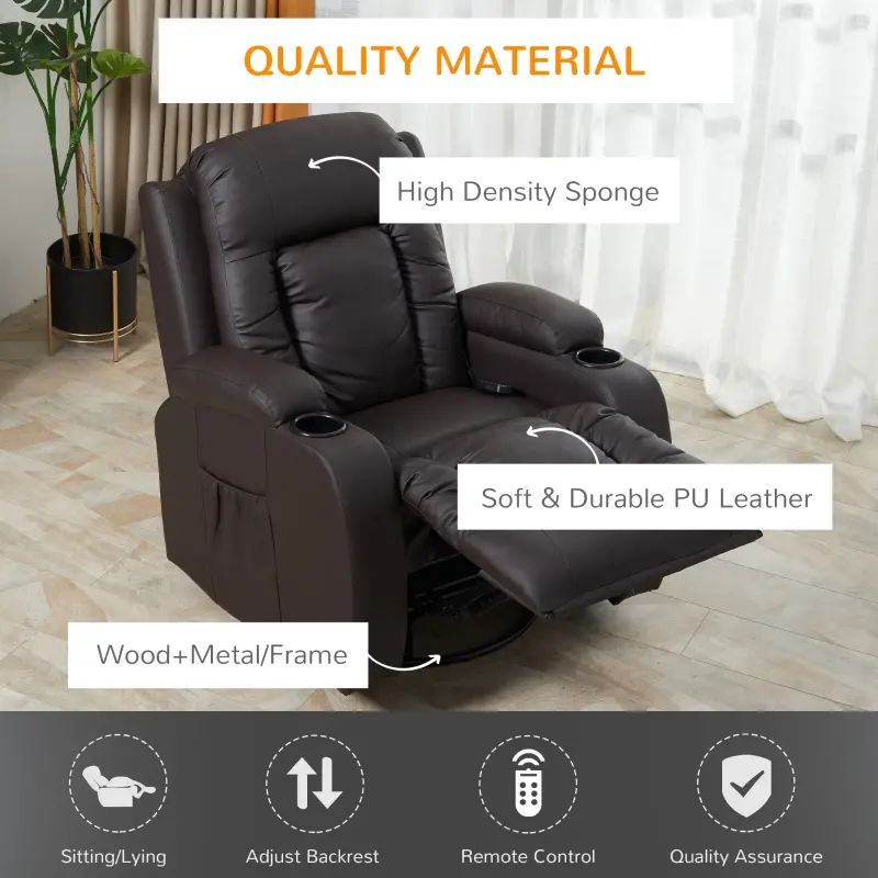 HOMCOM Heated Massage Recliner Chair with Remote Control, Dark Brown Leather Recliner