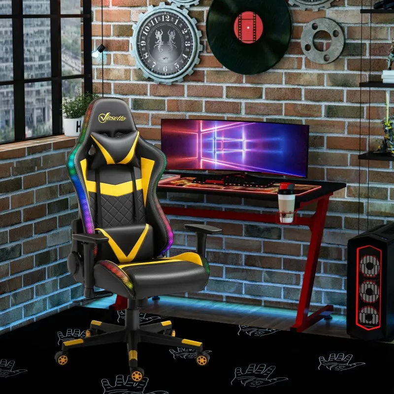 Vinsetto Racing Gaming Chair with RGB LED Lights, Adjustable Height, Gamer Office Chair, Computer Desk Chair, Black/Yellow