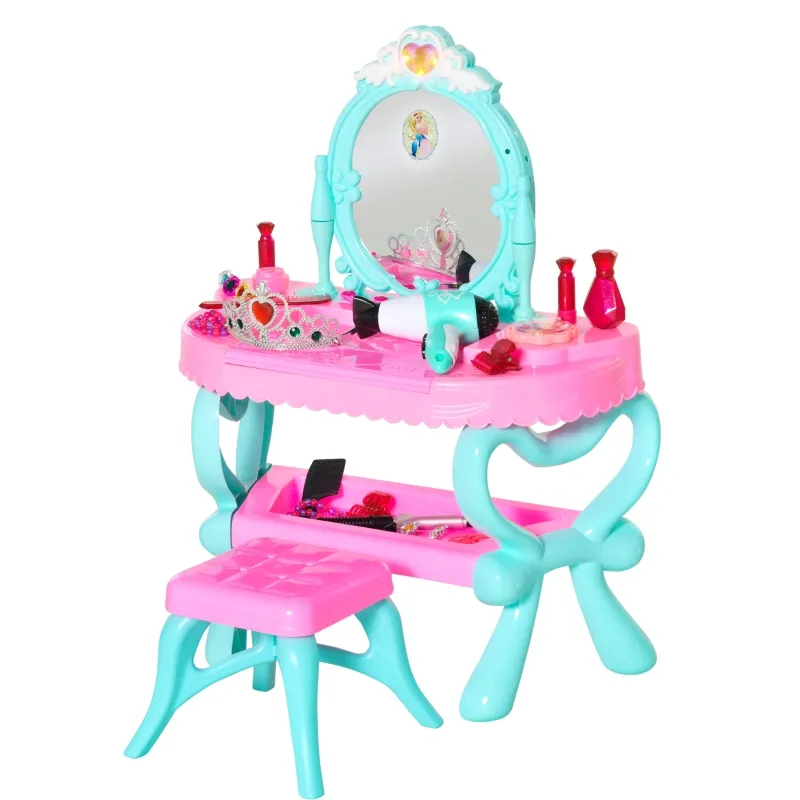 Qaba 2 In 1 Musical Piano Kids Dressing Table Set, 32 PCS Vanity Make Up Desk, Magic Glamour Princess Mirror, w/ Beauty Kit, Mirror, Stool, Light, Hair Dryer, for 3-6 Years Old, Pink, Blue
