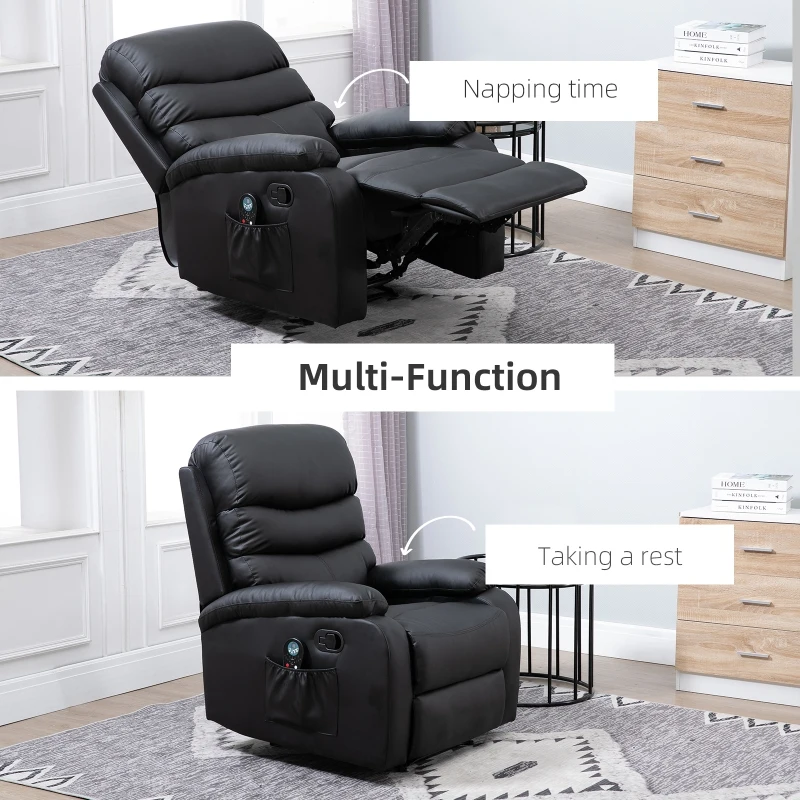 HOMCOM Manual Massage Recliner Chair Padding Single Sofa with Heat and Remote Control, 8 Massaging Points, Storage Pockets, PU Leather, Black