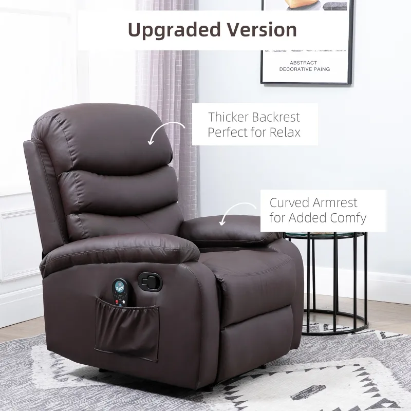 HOMCOM Manual Massage Recliner Chair Padding Single Sofa with Heat and Remote Control, 8 Massaging Points, Storage Pockets, PU Leather, - Brown