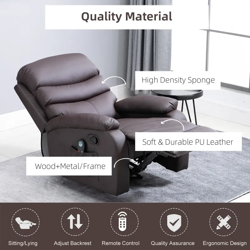 HOMCOM Manual Massage Recliner Chair Padding Single Sofa with Heat and Remote Control, 8 Massaging Points, Storage Pockets, PU Leather, - Brown