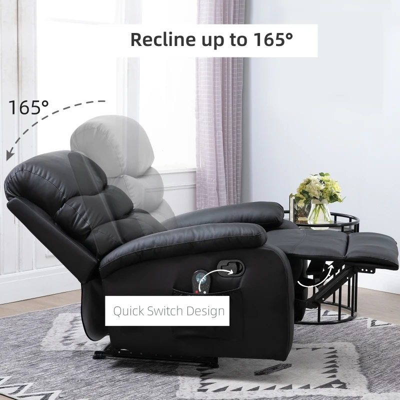HOMCOM Manual Massage Recliner Chair Padding Single Sofa with Heat and Remote Control, 8 Massaging Points, Storage Pockets, PU Leather, Black