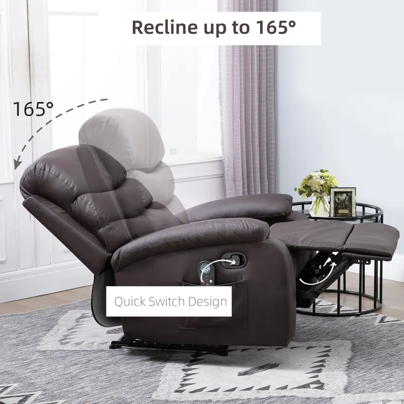 HOMCOM Manual Massage Recliner Chair Padding Single Sofa with Heat and Remote Control, 8 Massaging Points, Storage Pockets, PU Leather, - Brown