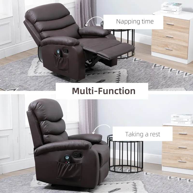 HOMCOM Manual Massage Recliner Chair Padding Single Sofa with Heat and Remote Control, 8 Massaging Points, Storage Pockets, PU Leather, - Brown