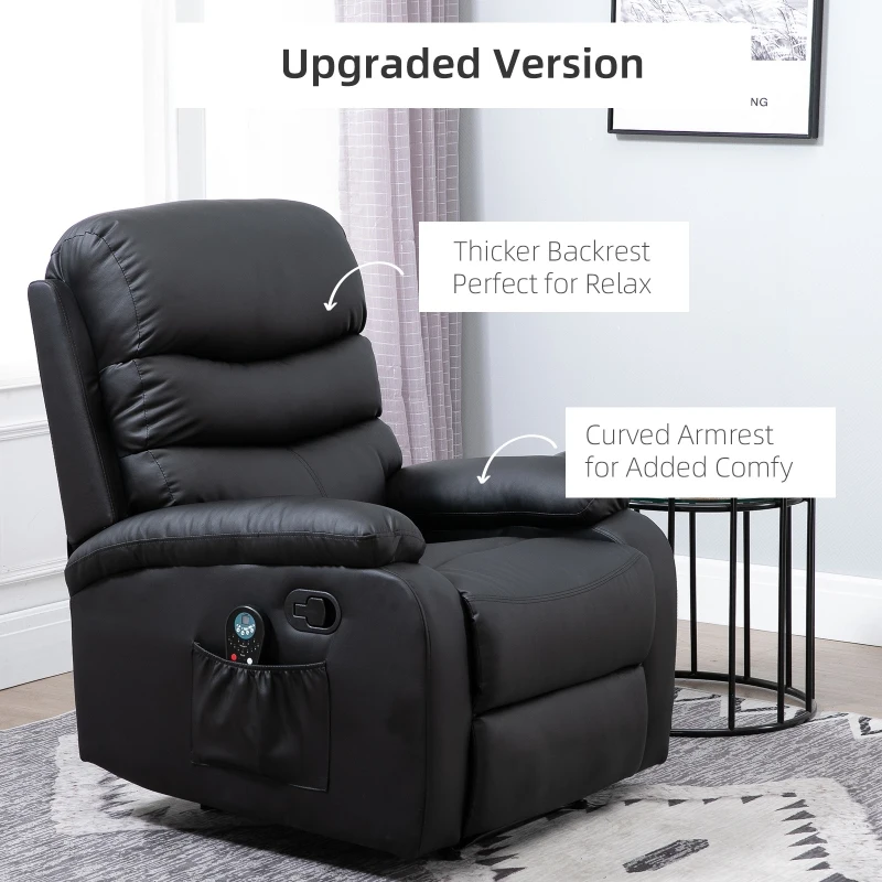 HOMCOM Manual Massage Recliner Chair Padding Single Sofa with Heat and Remote Control, 8 Massaging Points, Storage Pockets, PU Leather, Black