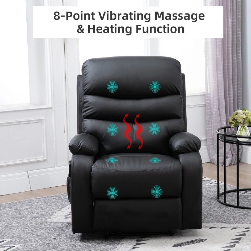 HOMCOM Manual Massage Recliner Chair Padding Single Sofa with Heat and Remote Control, 8 Massaging Points, Storage Pockets, PU Leather, Black