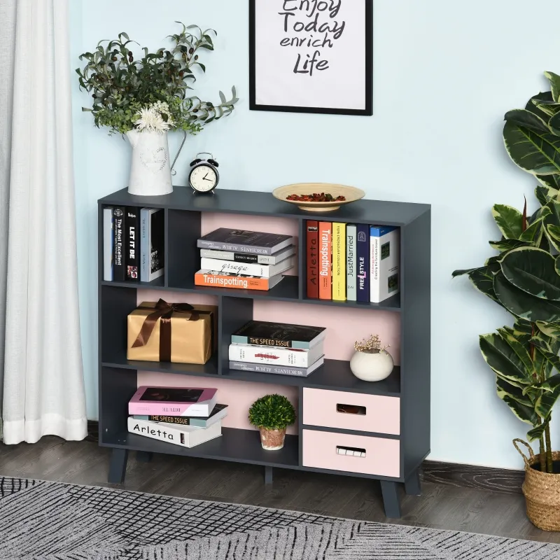 HOMCOM 3-Tier Child Bookcase Open Shelves Cabinet Floor Standing Cube Storage Organizer with Drawers - Pink