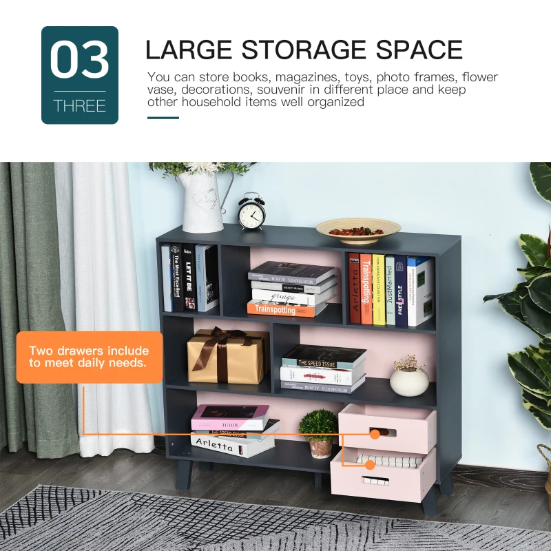 HOMCOM 3-Tier Child Bookcase Open Shelves Cabinet Floor Standing Cube Storage Organizer with Drawers - Pink