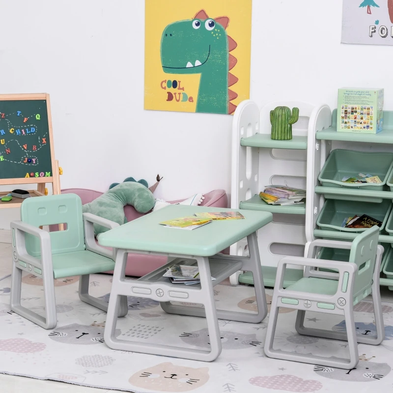 Qaba 3-Piece Kids Table and Chair Set Writing Desk with Armrest, Storage Space for Toddler Activities, Green