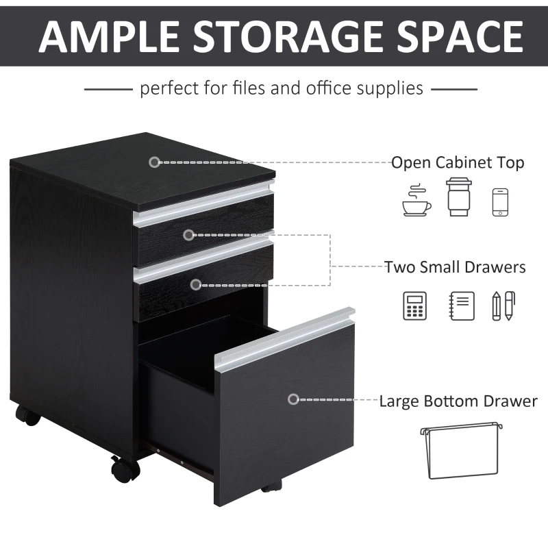 HOMCOM 23.25" 3-Drawer Office Storage Cabinet with Wheels, Dark Wood