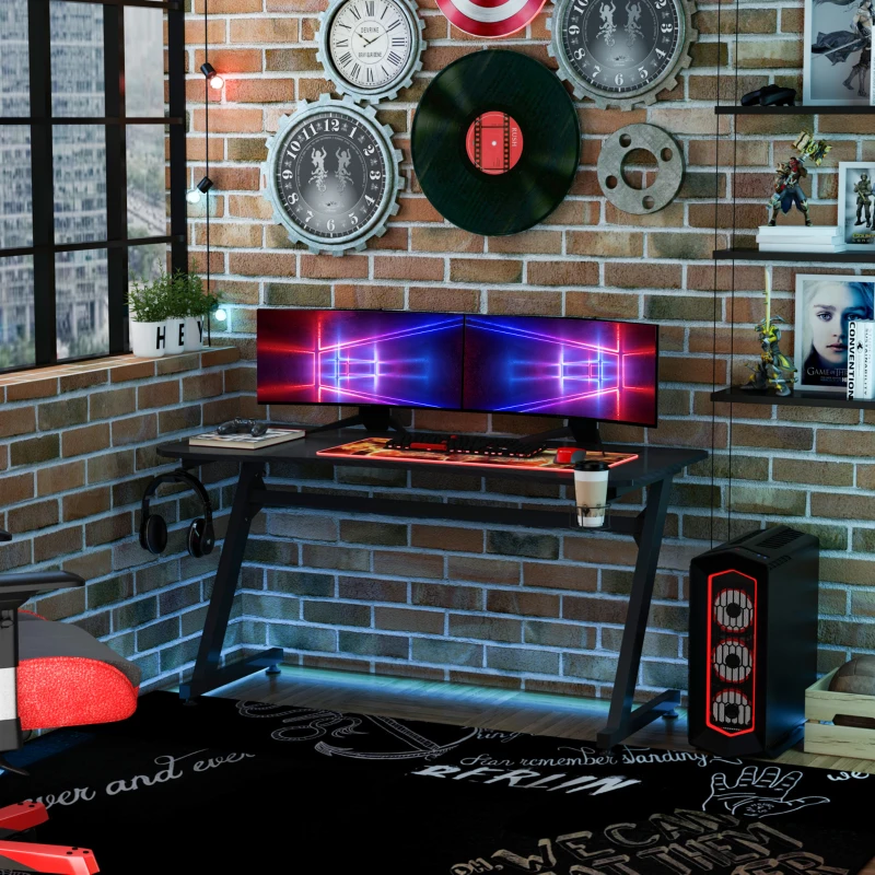 HOMCOM 55" Gaming Desk Home Office Computer Desk Gamer Workstation with Cup Holder, Headphone Hook and Cable Management, Black