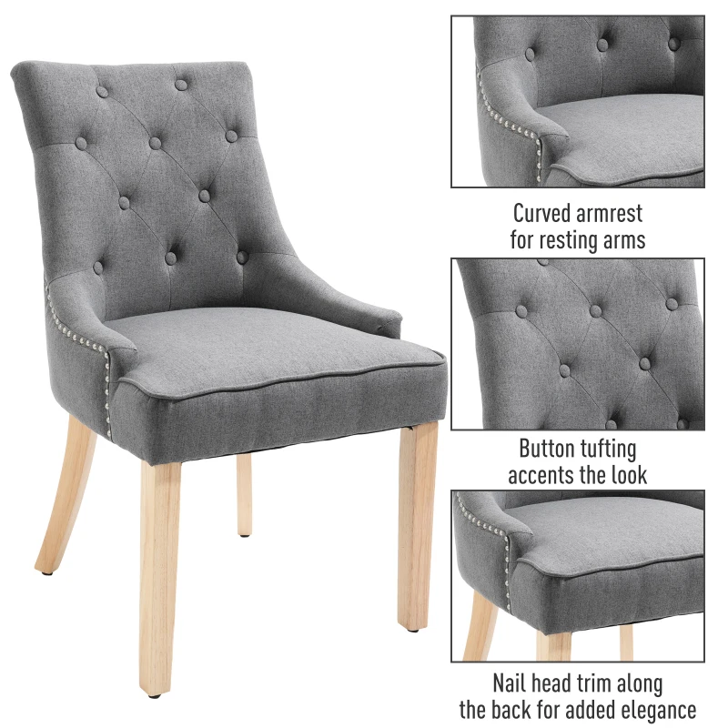 HOMCOM 2 Piece Fabric Dining Chairs Set of 2, Leisure Padded Accent Chair with Armrest, Solid Wooden Legs, Dark Grey