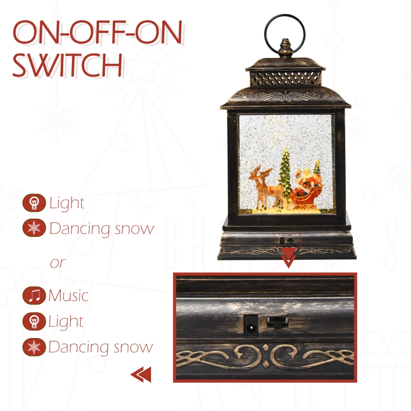 HOMCOM Christmas Snow Globe WaterLantern Music Box with Light, Ring Handle Holiday Home Novelty Decorations, Santa Bring Gift with Reindeer