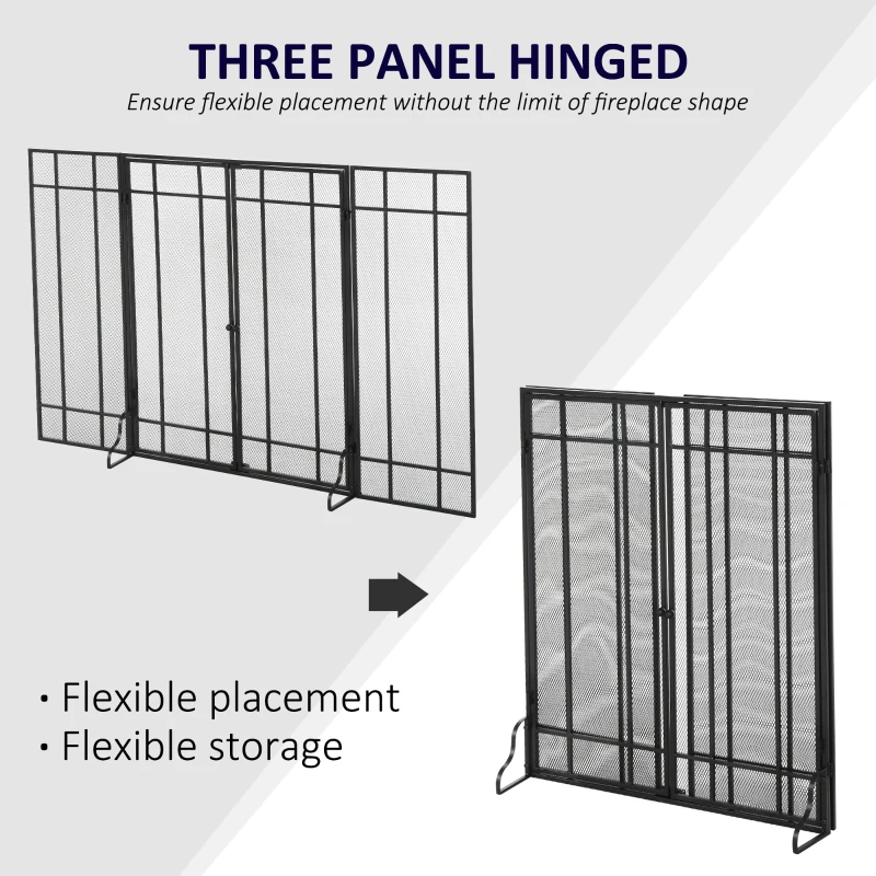 HOMCOM 3-Panel 49.25" W x 31.5" H Metal Mesh Screen Fireplace with Foldable Steel Spark Guard and Magnetic Doors, Black
