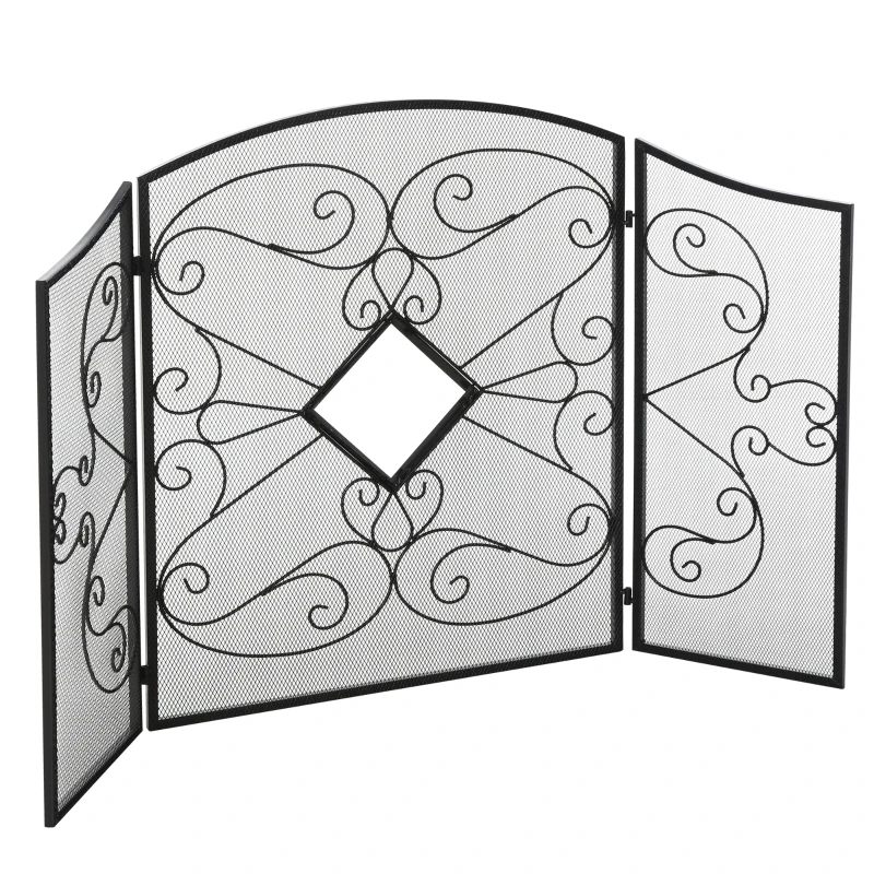 HOMCOM 3-Panel Metal Fireplace Spiral Mesh Cover Screen Home Foldable Steel Spark Guard Decoration, Black