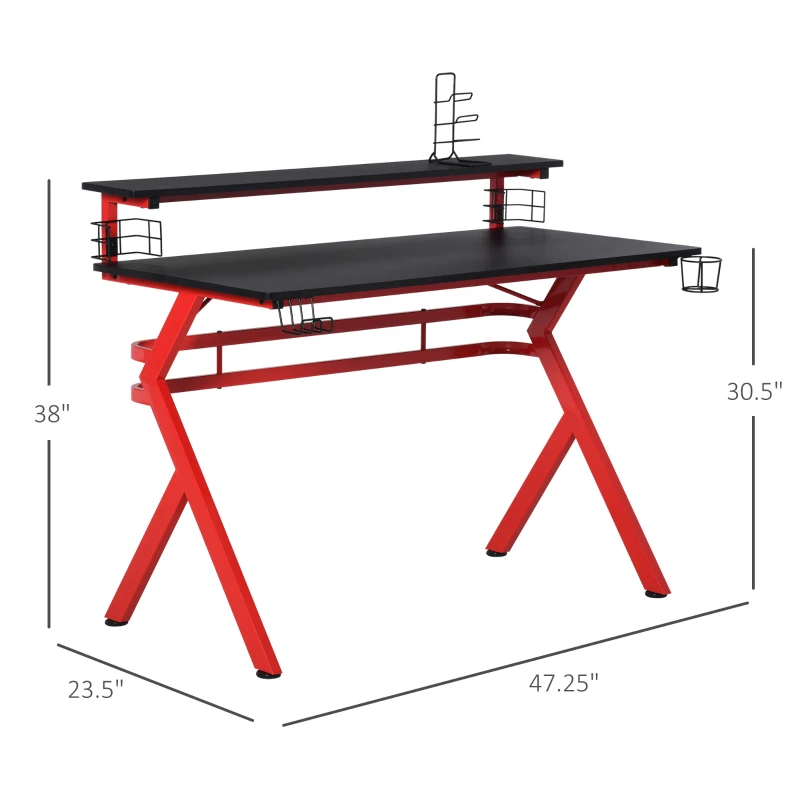 HOMCOM 47" Gaming Desk Computer Table for Home Office with Elevated Monitor Stand, Headphone Hook, Cup Holder, and Controller Rack, Red/Black