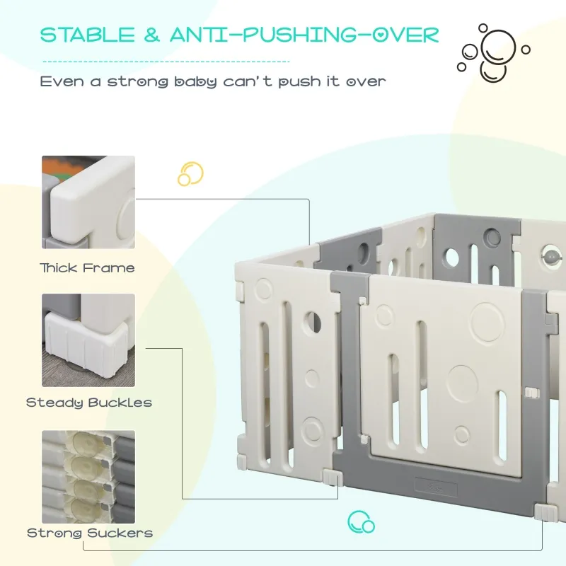 Qaba 16-Piece Children Baby Playpen Kids Activity Center Fence for Kids with Easy Safety Gate & Built-In Fun Toys, Grey