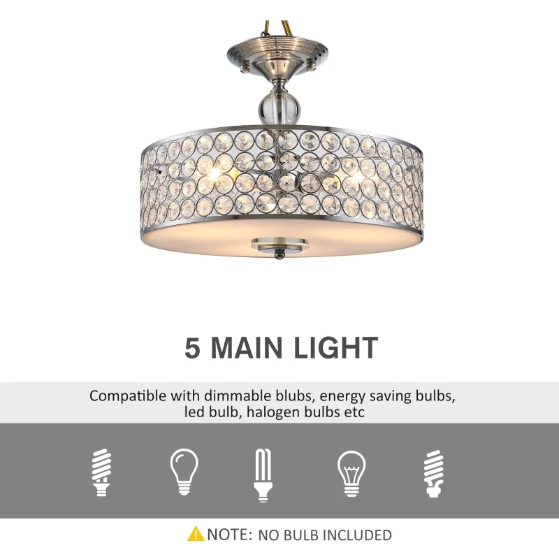 HOMCOM Chandelier Pendant Light Lamp with Crystal Ball Pole, Hanging Ceiling Lamp, Drum Shaped Shade, Metal Base, Silver