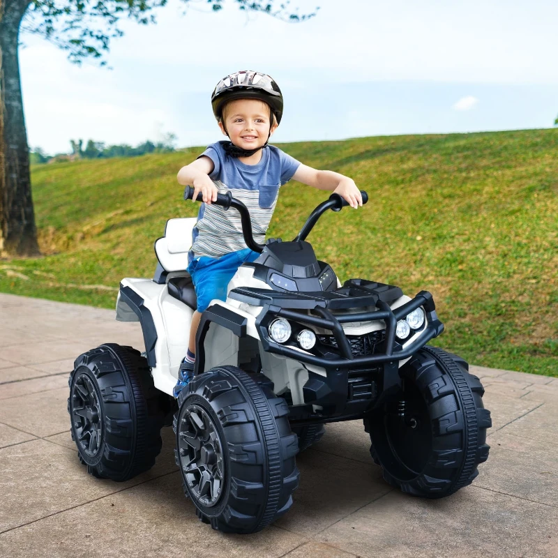 Aosom 12V Kids ATV Ride-on Four Wheeler Car with Bluetooth MP3 Real Working Headlights, Music/Radio Player, & Smooth Suspension, White