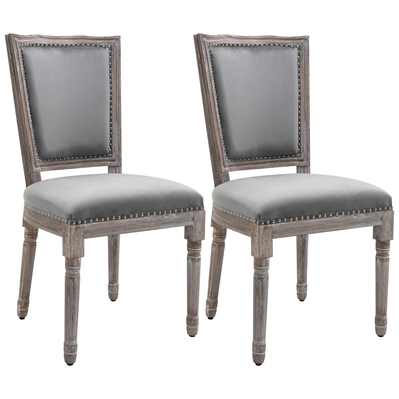 HOMCOM Vintage Upholstered Dining Chairs Set Of 2 with Nailhead Trim , Thick Padded Seat Cushions, and Wood Legs, Grey