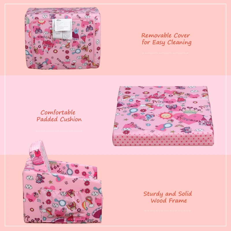 Qaba Kids Fold-Out Couch/Chair Lounger with Space-Themed Washable Fabric & Removable Cushion for 3-6 Years Old, Pink
