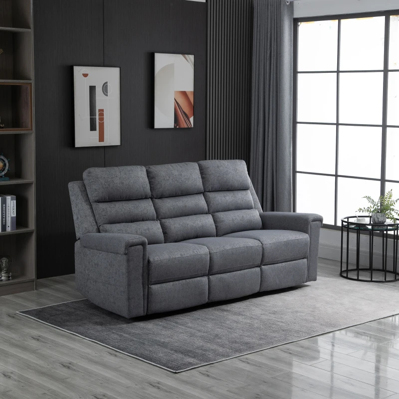 HOMCOM Modern 3-Seater Recliner Sofa with Linen Fabric and Thick Sponge Padding, 3 Seater Couch Recliner Couch Manual Reclining Sofa Living Room Furniture, Gray