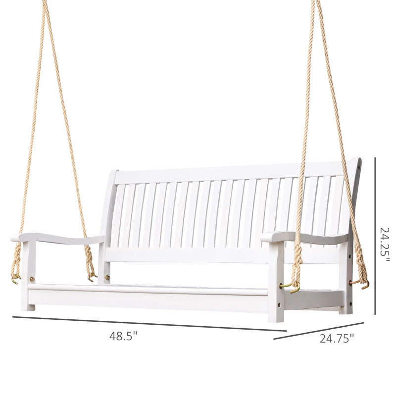 Outsunny 48'' 2-Seater Hanging Porch Swing, Outdoor Patio Wooden Swing Bench w/ Ropes, Slatted Design, 700 lb Weight Capacity, White