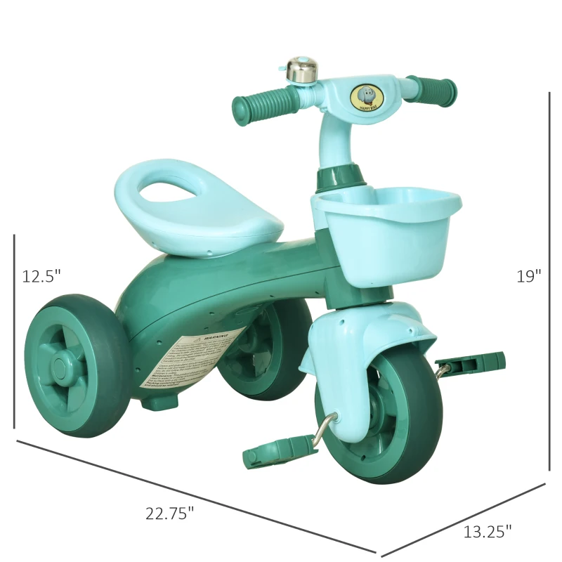 Qaba Tricycle 3-Wheeler Ride-on Toy with 2 Storage Baskets on Front & Back & Non-Slip Handlebar, Green