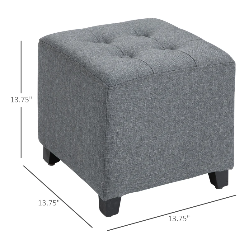 HOMCOM Tufted Ottoman Linen-Touch Fabric Upholstered Footrest Stool with Anti-Slip Pads, Grey