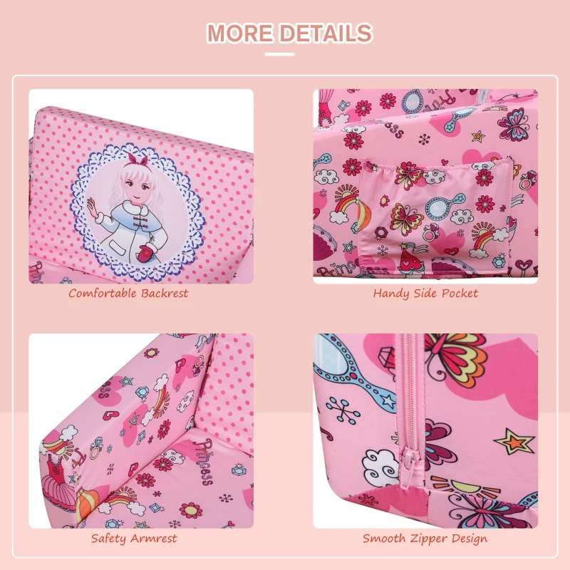 Qaba Kids Fold-Out Couch/Chair Lounger with Space-Themed Washable Fabric & Removable Cushion for 3-6 Years Old, Pink