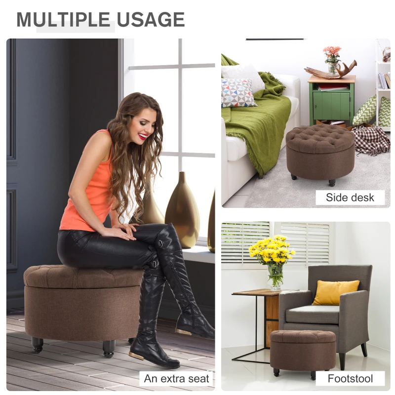 HOMCOM Round Linen-touch Fabric Storage Footstool Ottoman Button Tufted Footrest with Removable Lid, Brown