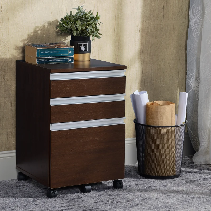 HOMCOM 23.25" 3-Drawer Office Storage Cabinet with Wheels, Brown