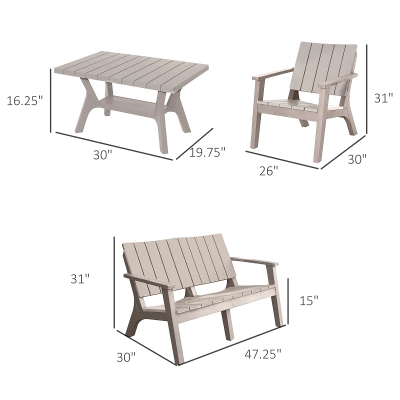 Outsunny 4-Piece Outdoor Patio Conversation Set Garden Furniture Set with Weather-Fighting PP Materials, Adirondack Comfort, & Coffee Table, Light Coffee