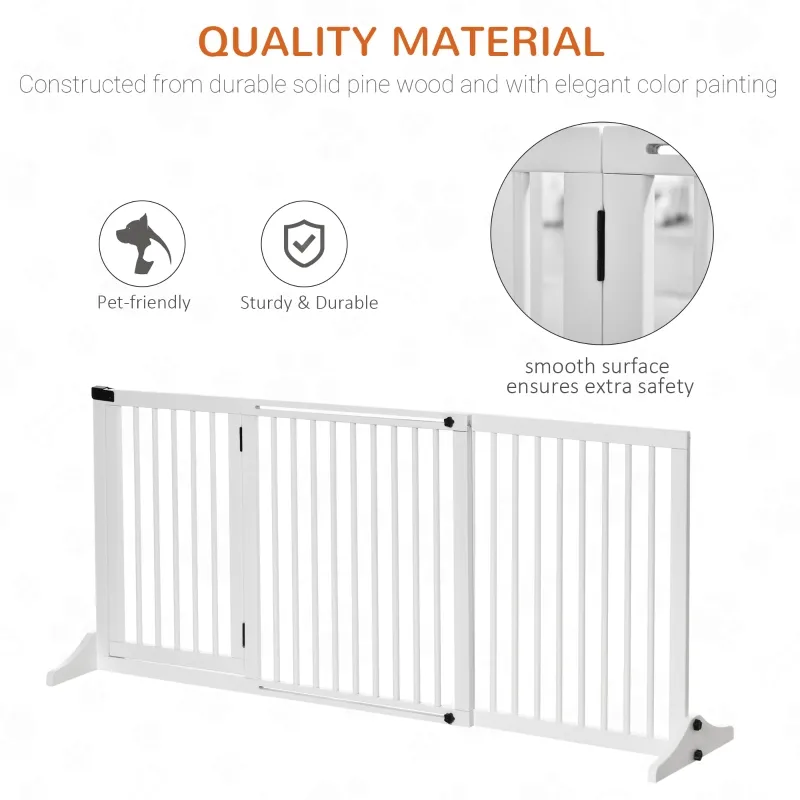 PawHut Freestanding Length Adjustable Wooden Pet Gate with Lockable Door 3 Panels, White