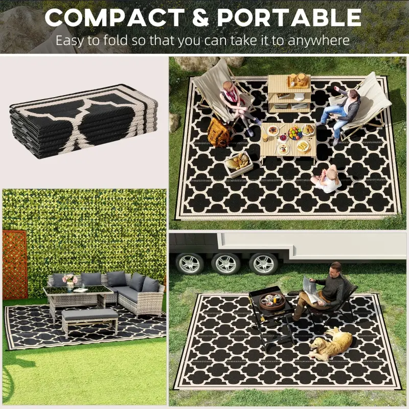 Outsunny Reversible Polypropylene Outdoor Rug Folding, Durable, Perfect for Camping, Deck & Beach Black