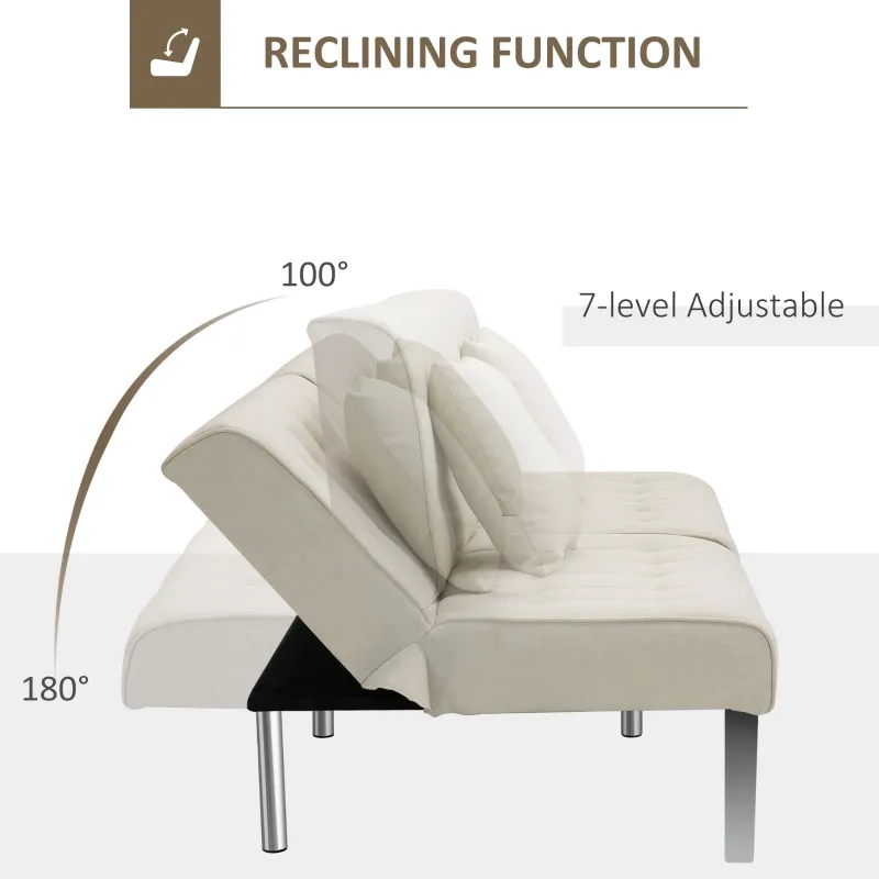 HOMCOM 2-Seater Convertible Sofa Bed with 7 Adjustable Angled Backrest Levels, 2 Pillows, and 5 Steel Legs, Cream White