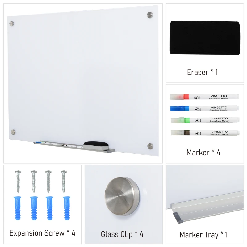 Vinsetto 35.5" x 23.5" Glass Dry Erase Whiteboard, Frameless Board on Wall, with Dry Eraser, 4 Markers, Pen Holder and Frosted Surface