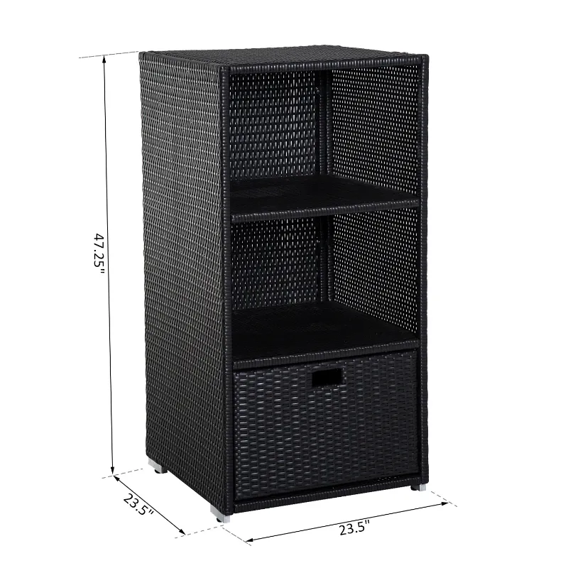 Outsunny Poolside Towel Cabinet, Rattan Wicker with Storage,2-Tier Shelves and Bottom Drawer, for Pool, Patio Backyard, 47", Dark Brown