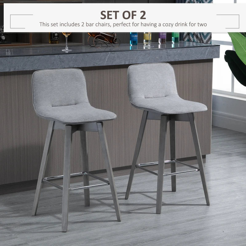 HOMCOM Swivel Bar Stools Set of 2, Counter Height Barstools Linen Fabric Padded Chair with 26.5" Seat Height and Footrest, Grey