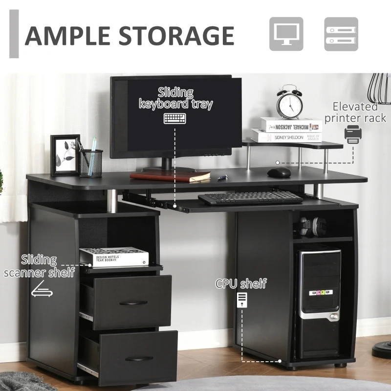 HOMCOM Multi-Function Computer Desk Home Office Workstation with Sliding Keyboard Tray, Elevated Shelf, Drawers and CPU Stand, Black