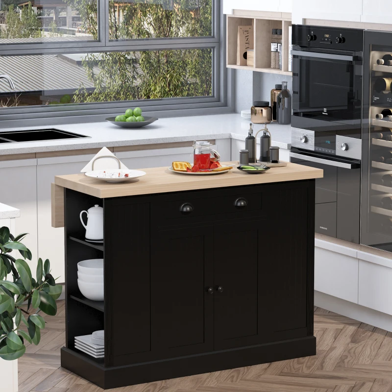 HOMCOM Fluted-Style Wooden Kitchen Island, Countertop with Drop Leaf, Drawer, Open Shelves, Storage, Black
