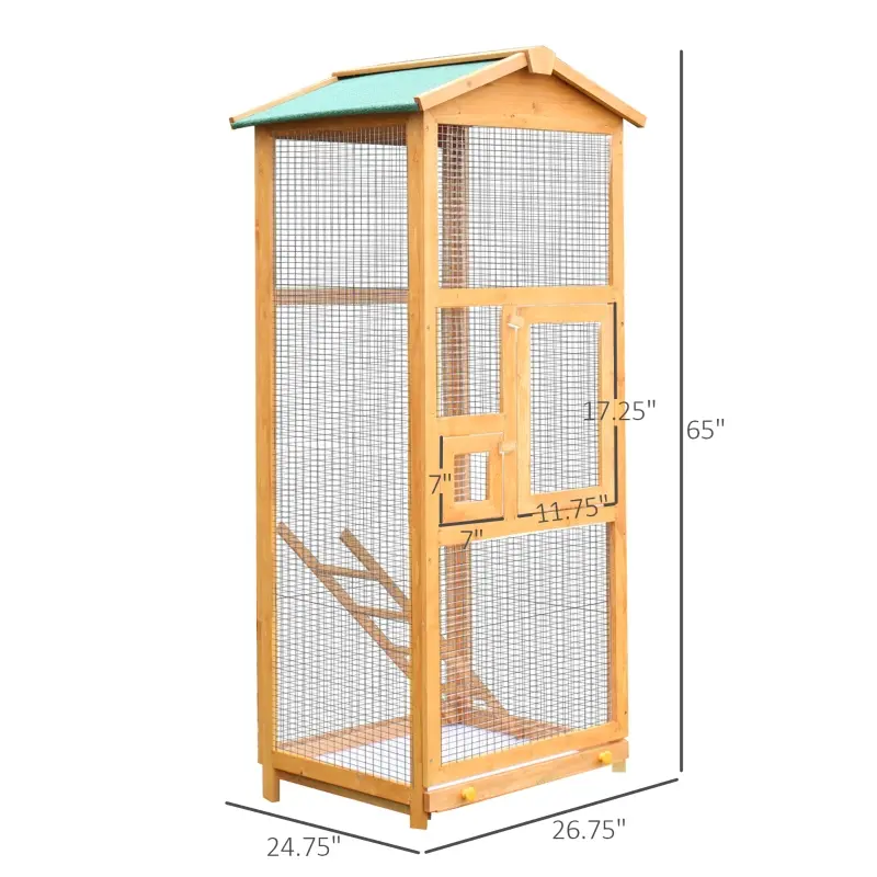 PawHut 65" Wooden Bird Cage Outdoor Aviary House for Parrot, Parakeet, with Pull Out Tray and 2 Doors, Natural