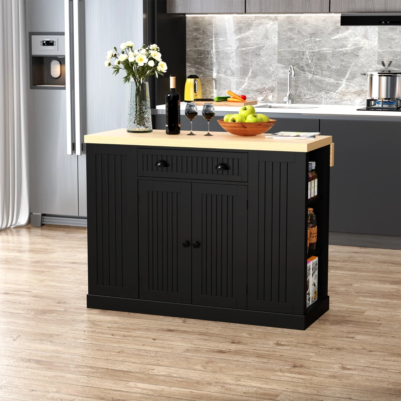 HOMCOM Fluted-Style Wooden Kitchen Island, Countertop with Drop Leaf, Drawer, Open Shelves, Storage, Black