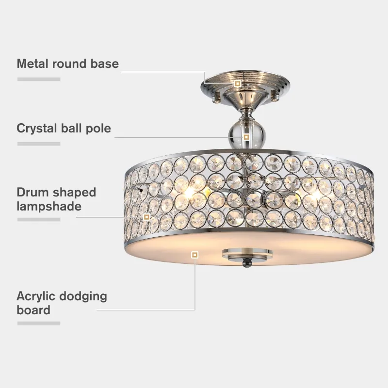 HOMCOM Chandelier Pendant Light Lamp with Crystal Ball Pole, Hanging Ceiling Lamp, Drum Shaped Shade, Metal Base, Silver