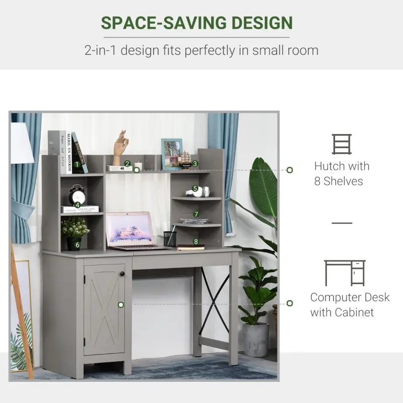 HOMCOM Home Office Computer Desk with Hutch and Storage Cabinet and 6 Shelves, Grey